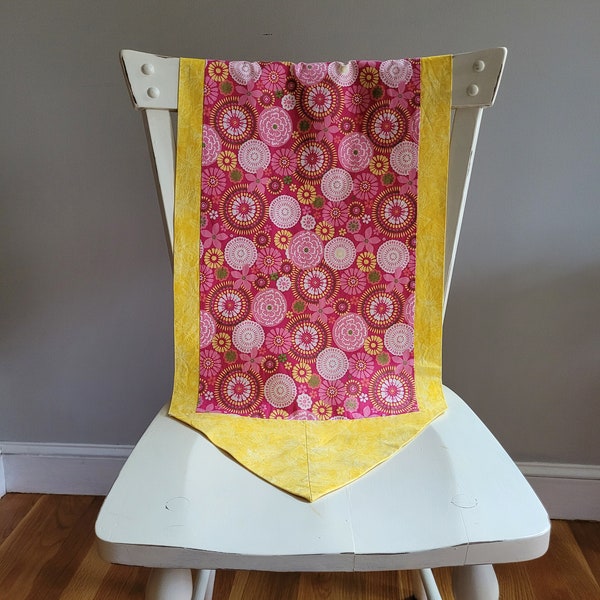 Vintage Pink Flower and Yellow Runner, Mod Pink Dresser Scarf