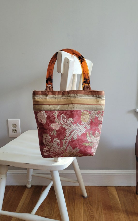 Vintage Pink and Cream Satin Floral Handbag, Asian
