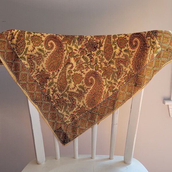 Vintage Orange Gold Paisley Silk Scarf , Indian Silk Paisley Flower Head Scarf Square Scarf, 22" Square