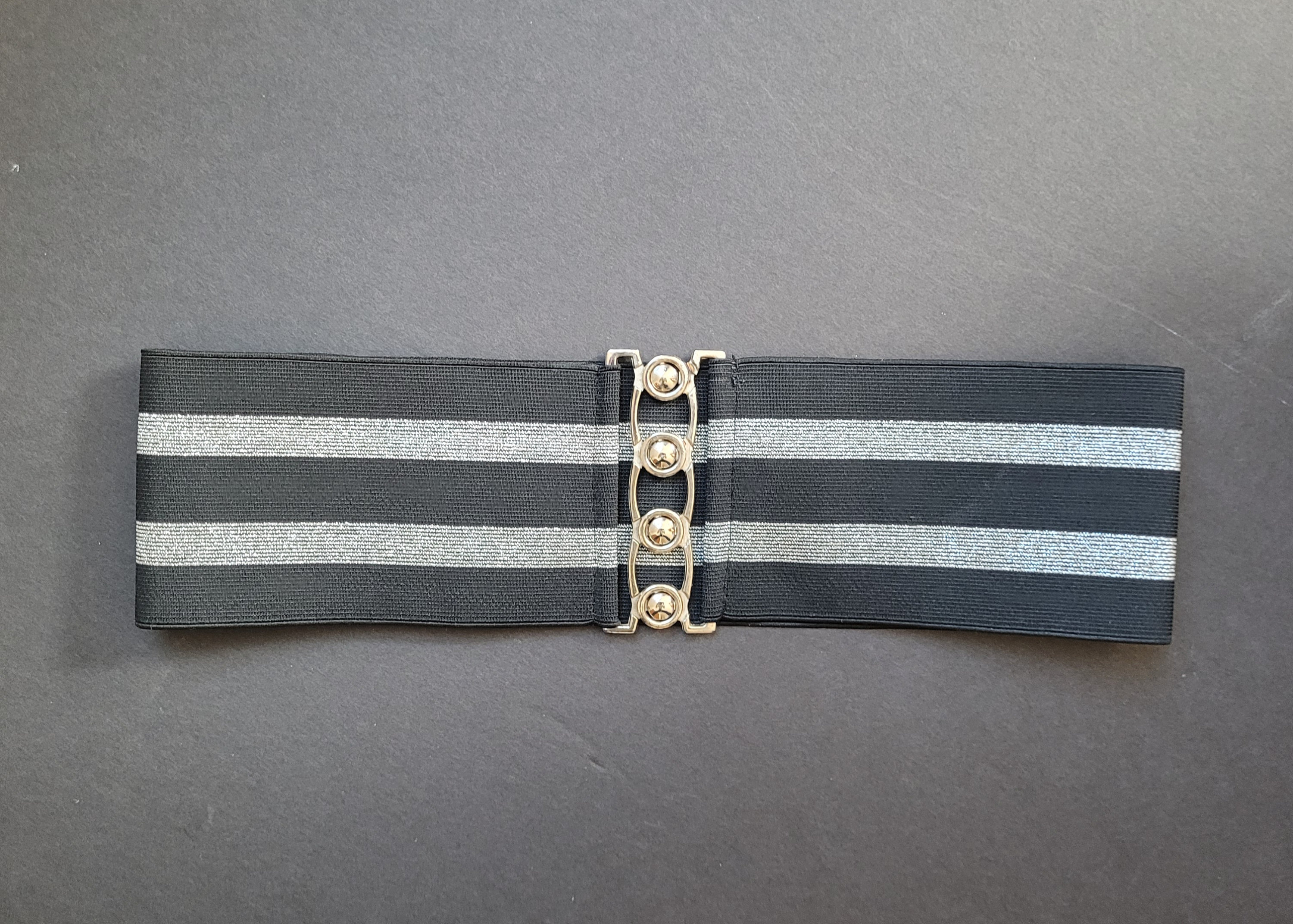 Vintage 80s Black Wide Elastic Belt: Silver Interlocking 