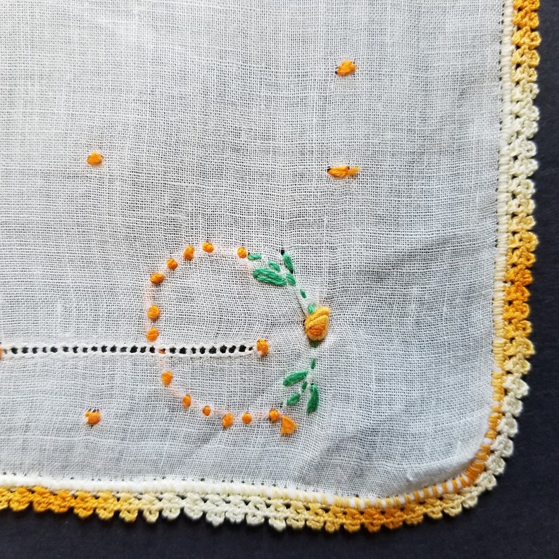 12 Square Crochet Vintage Cotton Handkerchiefs Orange Yellow Floral Embroidered