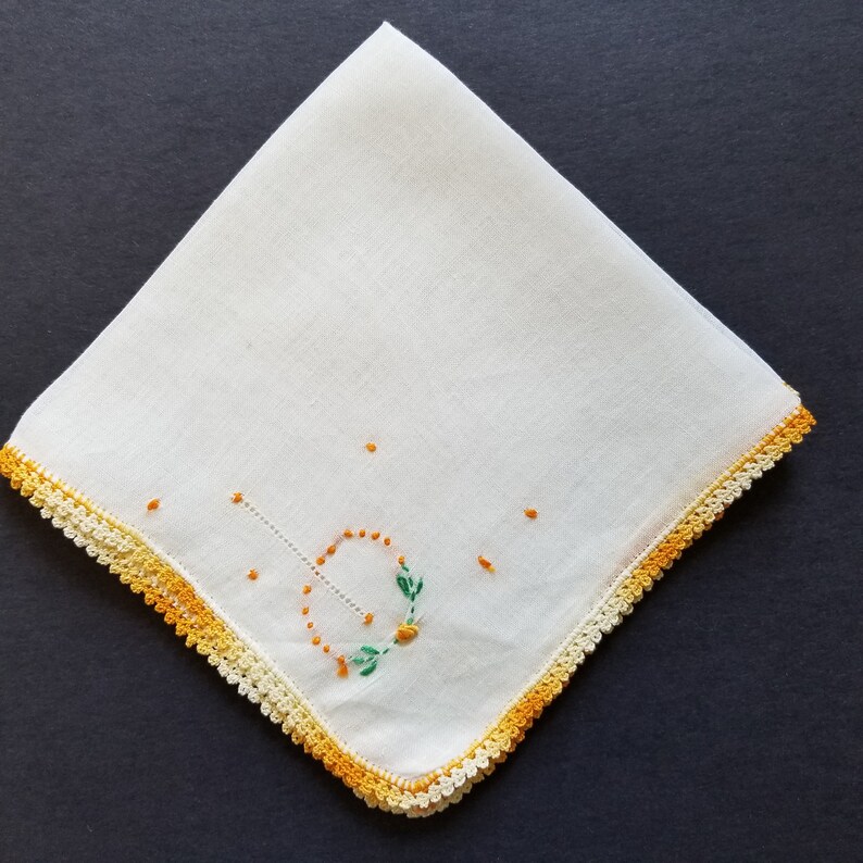 12 Square Crochet Vintage Cotton Handkerchiefs Orange Yellow Floral Embroidered