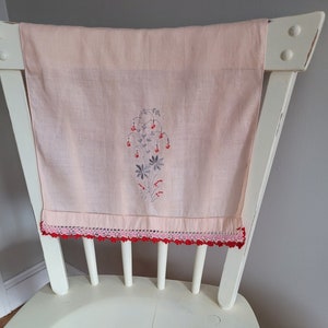 Vintage Pink Embroidered Tray Liner, Pink with Flowers Tea Towel, 1940&#39;s