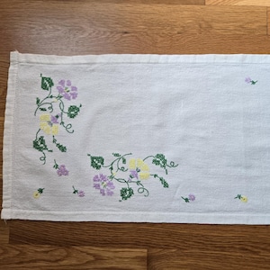 Vintage White Table Runner with Yellow and Purple Embroidered Flowers