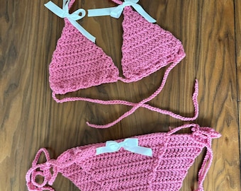 Kokette Rosa und Weiße Schleife Crochet String Bikini Größe L