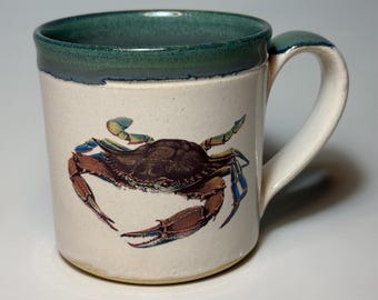 Taza de cangrejo, taza hecha a mano, taza de cerámica, porcelana, regalo de inauguración de casa, taza de café, taza única, taza de alfarería, cangrejo, azul