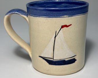 Handmade Sailboat Ceramic Mug, Stoneware Pottery, 14-16 oz Capacity