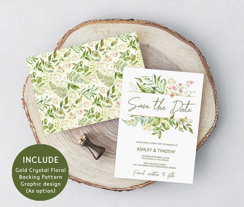 Faux Gold Crystal Floral Greenery Wedding Save the Date Card Template Printable Download Editable Green Save the Date Template IDB015D