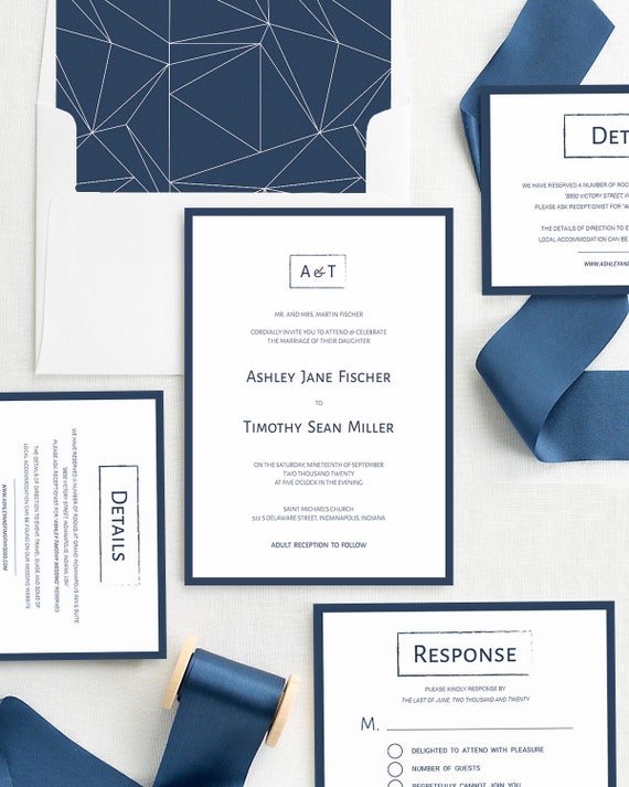 sophisticated luxury monograms modern navy wedding invitations set