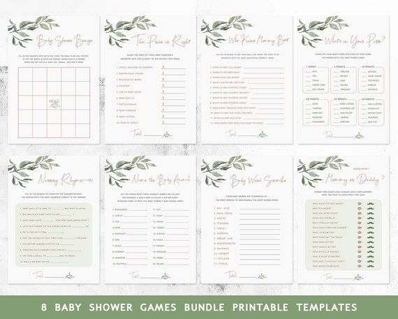 8 Greenery Baby Shower Games Bundle Printable Templates Instant Download, Baby Shower Invitation, Baby Shower Activity Game Pack : IDB026ZGN Il_570xn