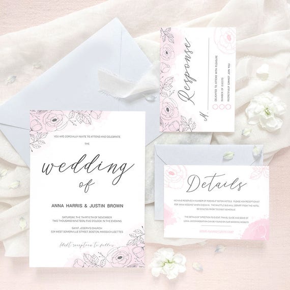 Pink Rose Wedding Invitation Set Printable Template Download, Editable Classic Wedding Invitation Set Template - Rose Script Pink : IDA008A Il_570xn