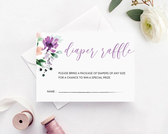 Green Purple Floral Baby Shower Diaper Raffle Ticket Card Printable Templates, Baby Shower Diaper Raffle Insert Cards Templates : IDB001Y Il_570xn