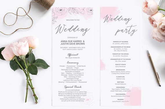Rose Script Pink Wedding Programs Printable Template Editable