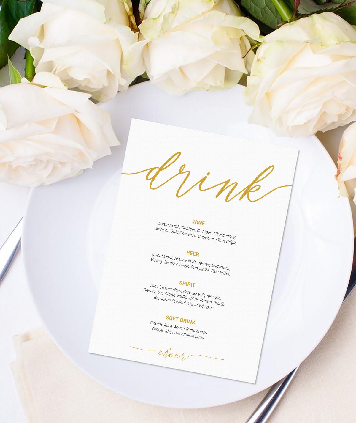 Gold Wedding Drink Menu Template Instant Download Luxury