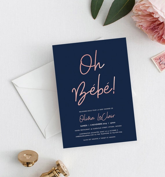 French Navy Rose Gold Baby Shower Invitation Printable Template, Gender Neutral Baby Shower, Coed Baby Shower Invitation Template : IDB017XF Il_570xn