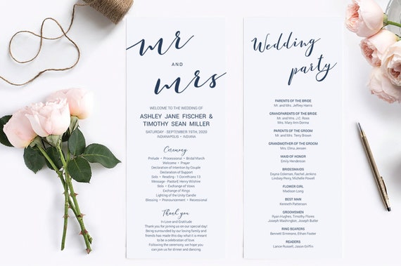 Sophisticated Navy Blue Wedding Programs Template Instant Download