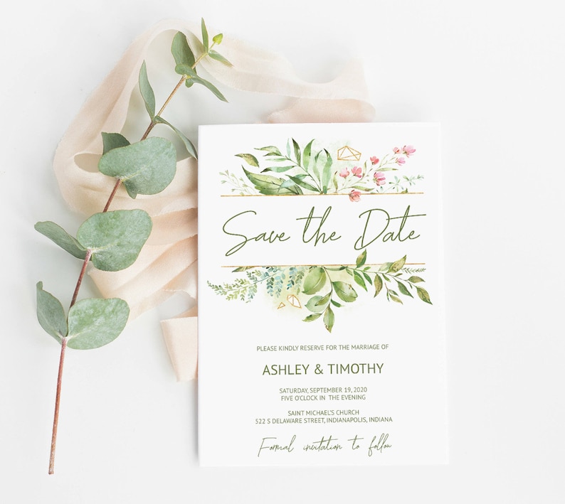 Faux Gold Crystal Floral Greenery Wedding Save the Date Card Template Printable Download Editable Green Save the Date Template IDB015D