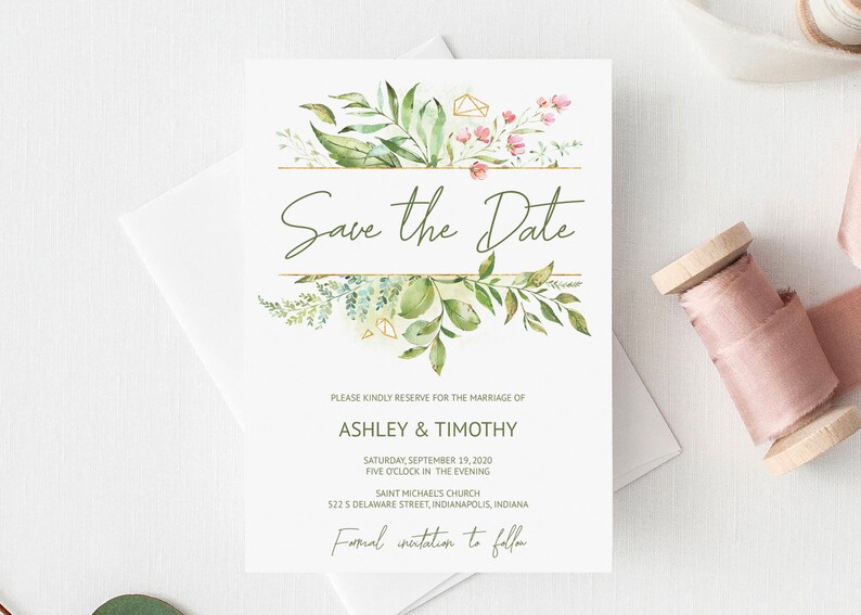 Faux Gold Crystal Floral Greenery Wedding Save the Date Card Template Printable Download Editable Green Save the Date Template IDB015D