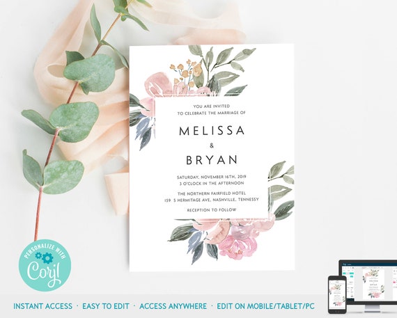 Blush Pink Floral Wedding Invitation Card Template Printable, Corjl Wedding Invitation Template, Vintage Floral Wedding Invitation : IDB025A Il_570xn