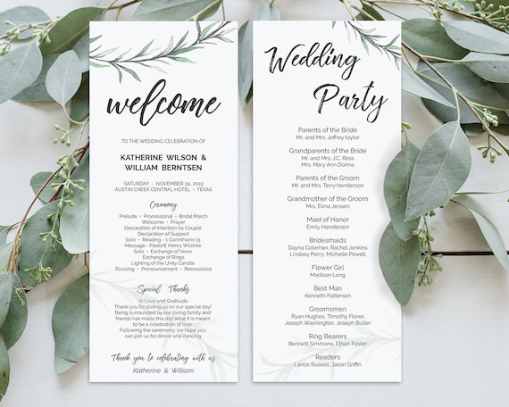 greenery wedding programs template editable wedding programs