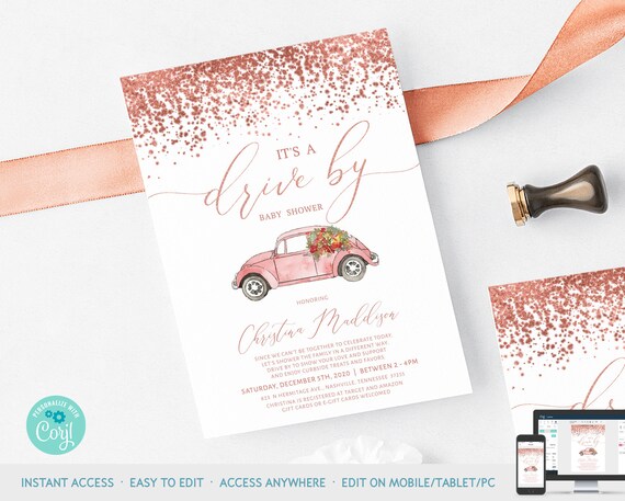 Rose gold drive by baby shower invitation printable template, Pink Drive thru baby shower invitation, Quarantine Baby Shower card : IDB029XA Il_570xn