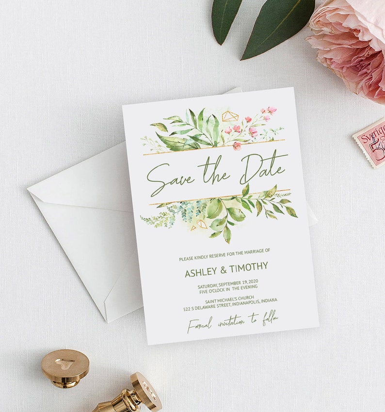 Faux Gold Crystal Floral Greenery Wedding Save the Date Card Template Printable Download Editable Green Save the Date Template IDB015D
