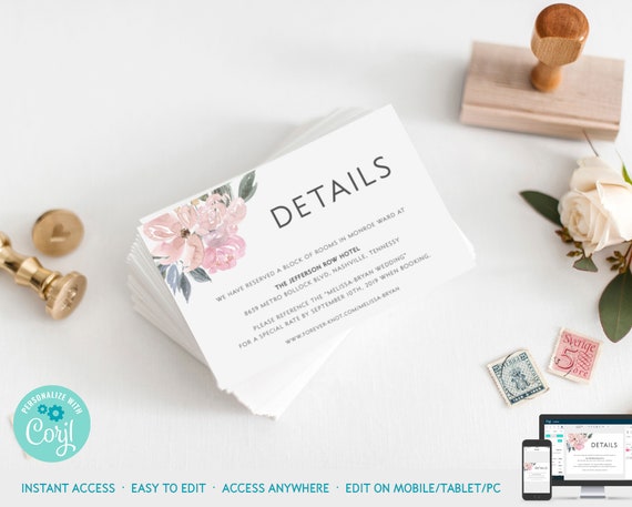 Blush Pink Floral Wedding Details Card Template Instant Download, Watercolor Wedding Accommodation Card Printable Template, Corjl : IDB025C Il_570xn
