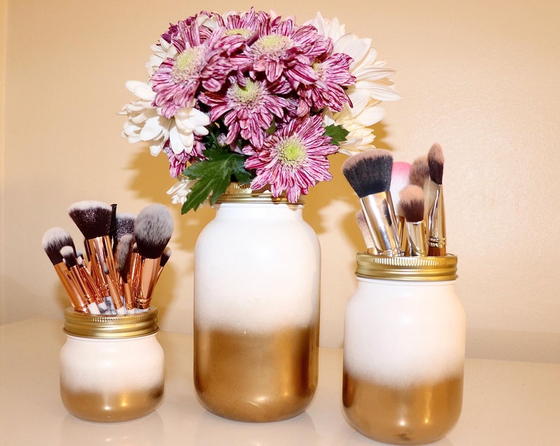 White and Gold Mason Jar Flower Vase Make Up Brush Etsy