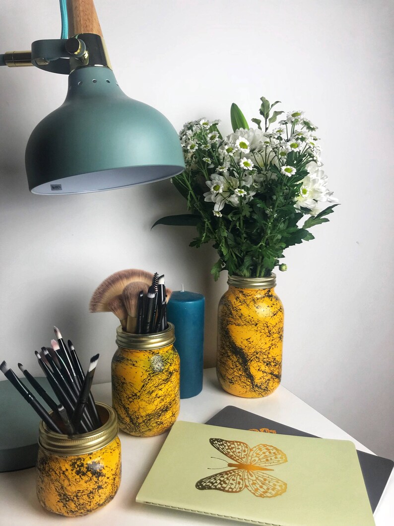 Yellow Black Marble Jar Flower Vase Make up Brush Holder Etsy
