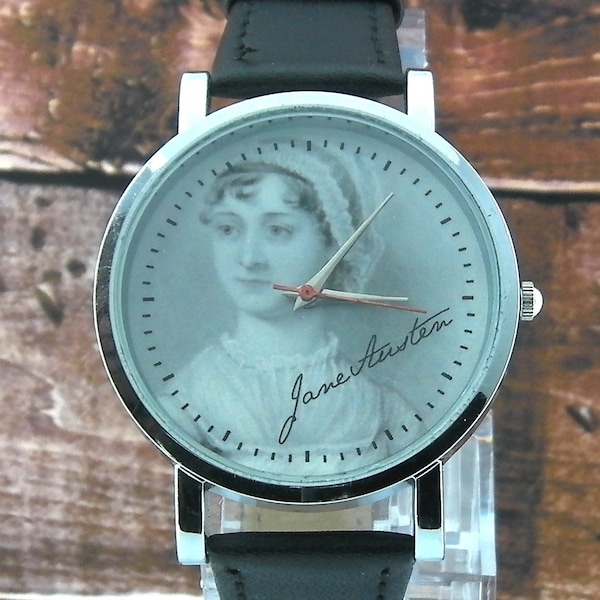 Jane Austen design wristwatch with signature. Classy & stylish watch. Comes with black leather strap and white box