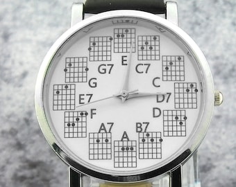 Country Music Guitar Chords Watch: Black Leather Strap, Informative Timepiece