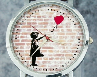 Banksy Mädchen mit Ballon Uhr: Minimalistische Lederarmband-Armbanduhr