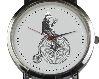 Frosch High Wheel Fahrrad-Armbanduhr: Handgefertigtes Edelstahlgehäuse, Lederarmband