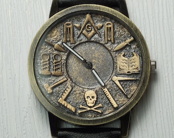 3D Masonic Symbol Watch: Gold Numerals, Leather Strap, Unisex