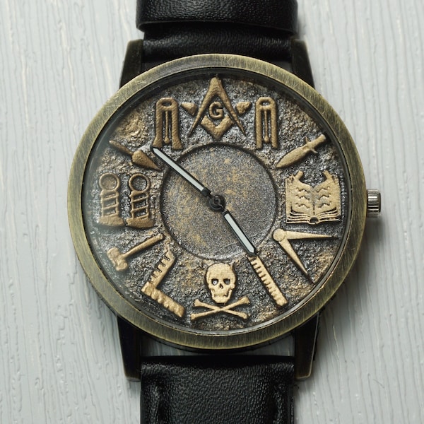 3d Masonic symbols design, gold numerals & rustic background, handmade wristwatch. Black or brown strap. Unisex