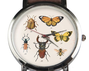 Insects specimen series wristwatch theme. Biology various insects butterfly design theme. Nifty gift item for people who love Entomology