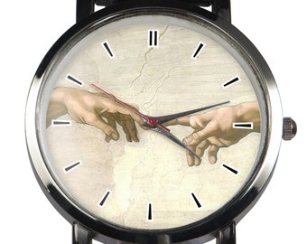 The Creation of Adam painting wristwatch design. Famous fresco painting by Michelangelo. religious watch theme minimalist faux leather strap