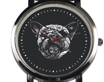 Stained Glass Pug Watch: Black Leather Band, Stainless Steel 