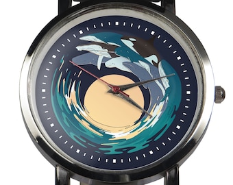 Whales leaping above water wristwatch design. Unique colorful watch with a lovely sharp design theme. Great gift for anyone who loves whales