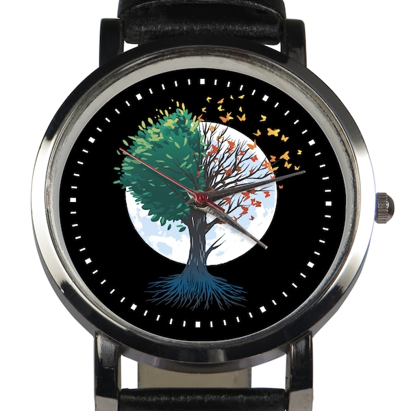Lunar Tree of life with butterflies wristwatch design, choice of black/brown leather strap. Ethereal design. stainless steel case. Handmade