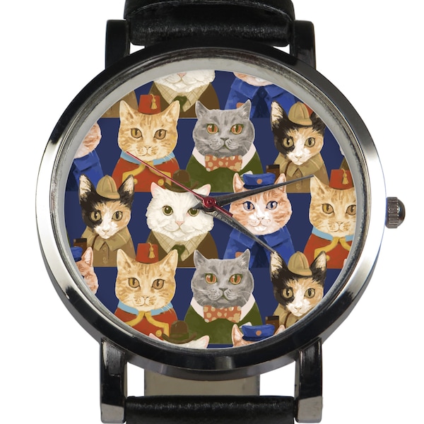 Jolie montre pour chat uniforme, choix de bracelet en cuir noir / brun. Chats cool portant une variété d’uniformes de travail. Boîtier en acier inoxydable argenté