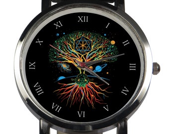 Tree of Life Watch: Sacred Geometry Design, Leather Strap