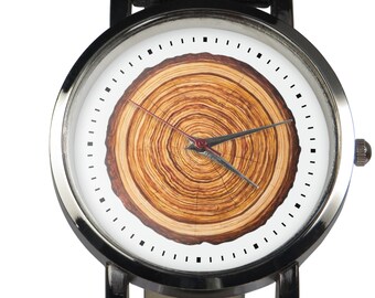 Tree rings design wristwatch. Classy & stylish watch. Black or brown strap