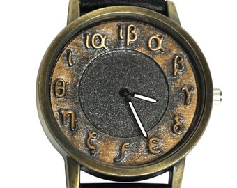 Handmade Greek numerals wristwatch 3d gold numerals Bronze rustic faded case