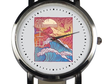Conception de la montre Mount Fuji. Montre-bracelet à thème japonais unique. Montre japonaise amateur de style de vie. Bracelet noir ou marron