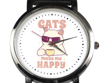 Les chats me rendent heureux de concevoir des montres-bracelets. Animal watch cool lunettes de soleil chat buvant du café thème de design original. Cadeau parfait pour les amoureux des chats