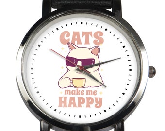 Cats Make Me Happy Wristwatch: Leather Strap, Quirky Cat Lover Gift