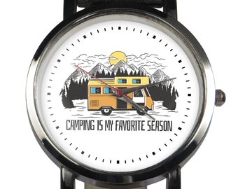 Camping lover watch. "Camping is my favorite season" slogan. Nature theme Great gift item for anyone who loves their camper van. Black/Brown