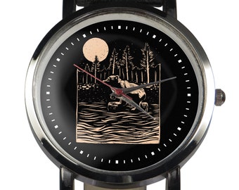 Bear line art design montre-bracelet. La forêt porte le thème de la lune de la nature. Bracelet noir ou marron