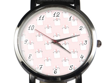 Pink Cat Pattern Watch: Leather Strap, Stainless Steel Case